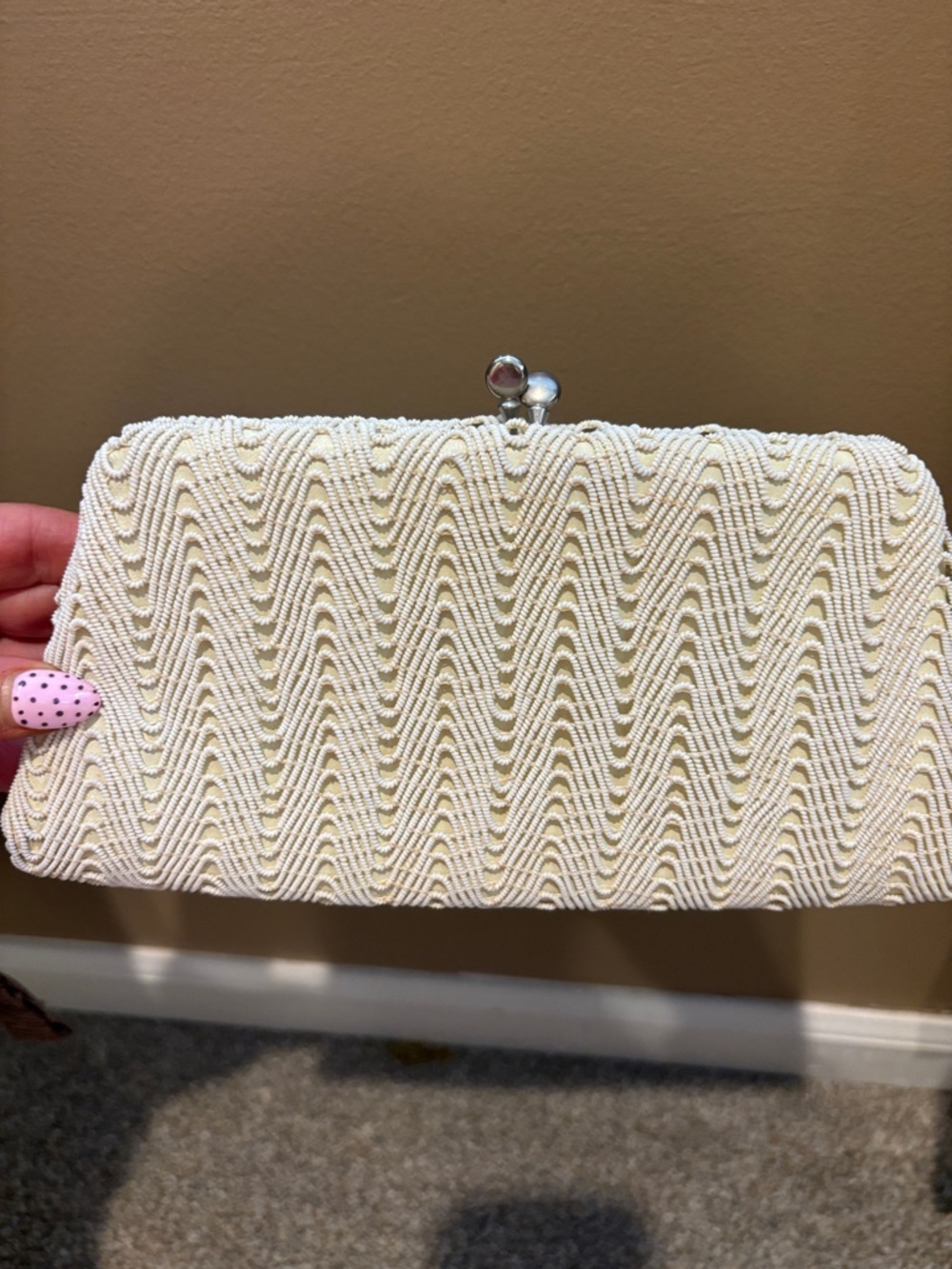 Ivory Beaded Wave Clutch Handbag